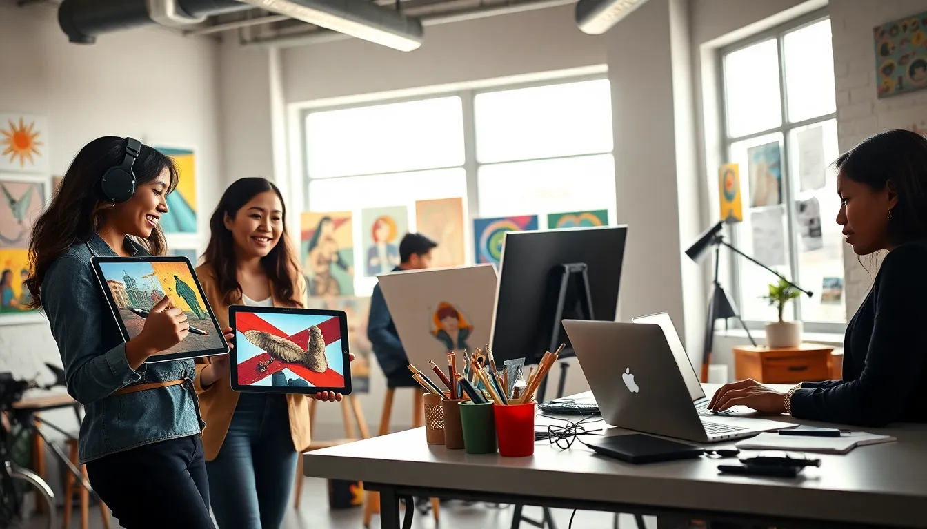 diverse artists collaborating in a modern creative workspace.