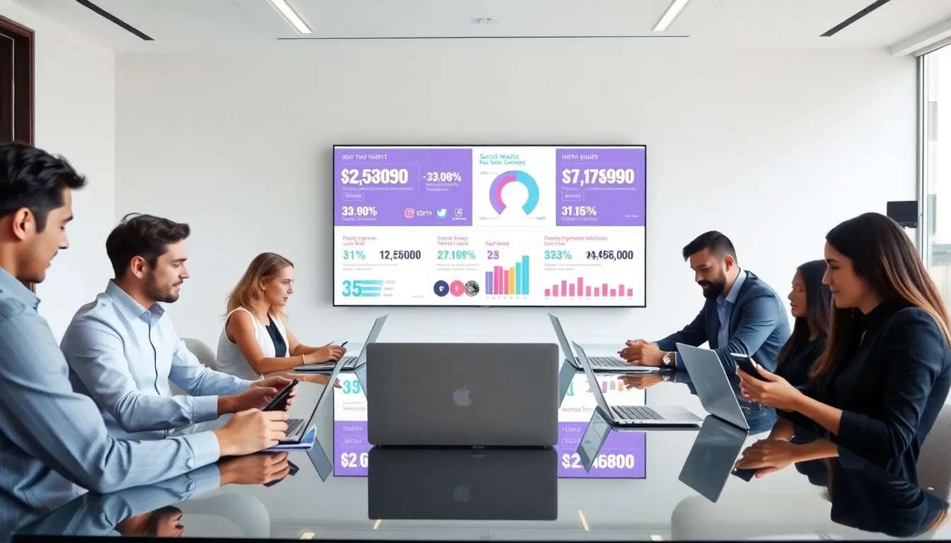 diverse team collaborating on social media strategies in a modern office.