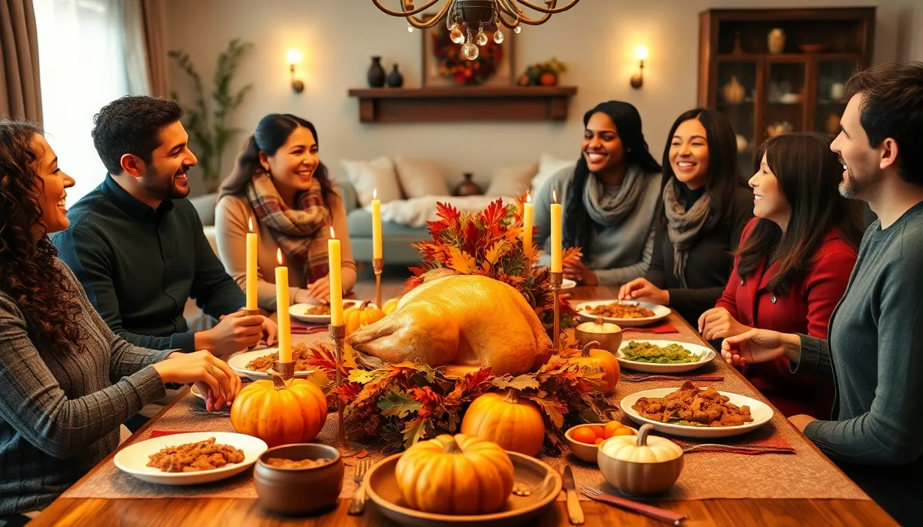 diverse family celebrating Thanksgiving around a festive dining table.