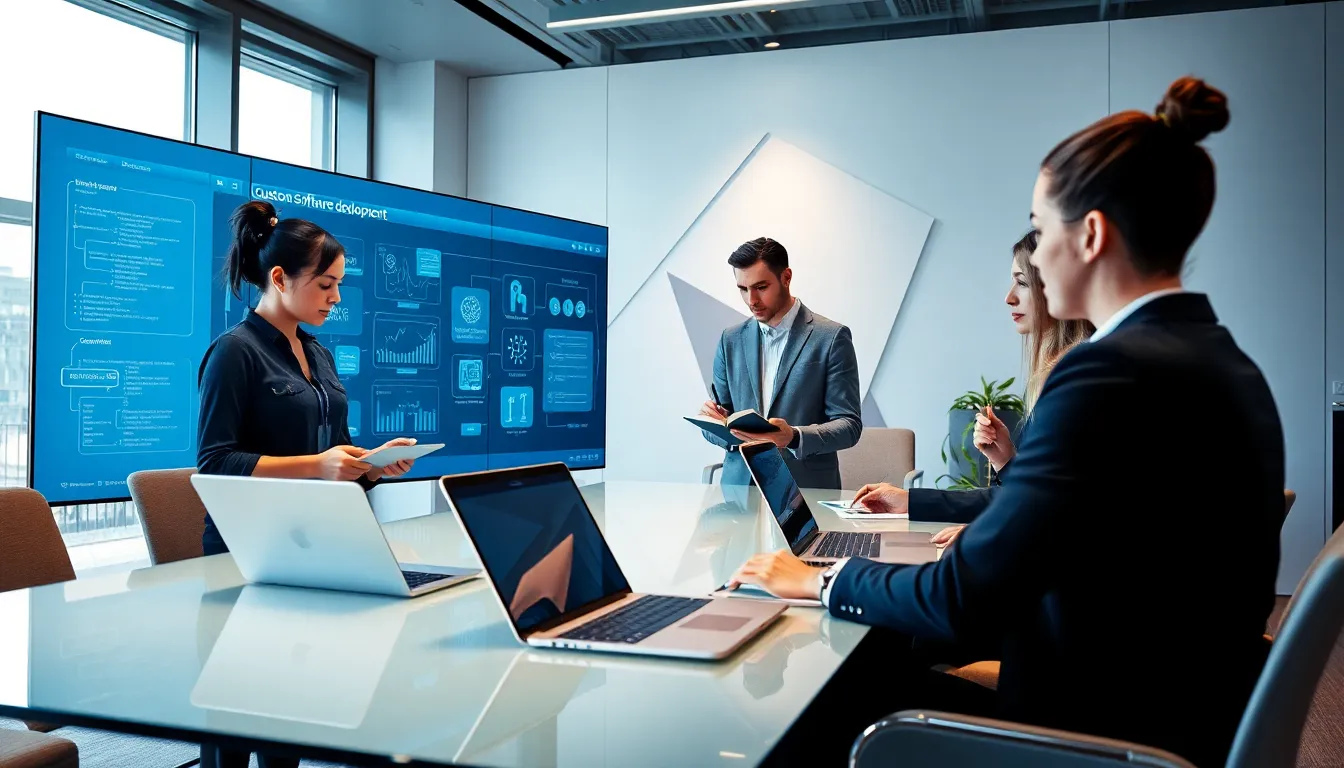 diverse professionals collaborating on custom software development in a modern conference room.