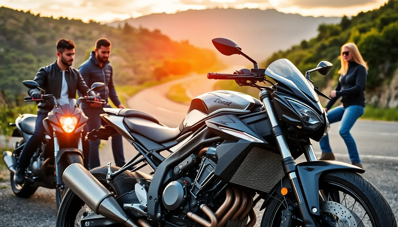 diverse motorbike enthusiasts preparing to ride formotorbikes outdoors.
