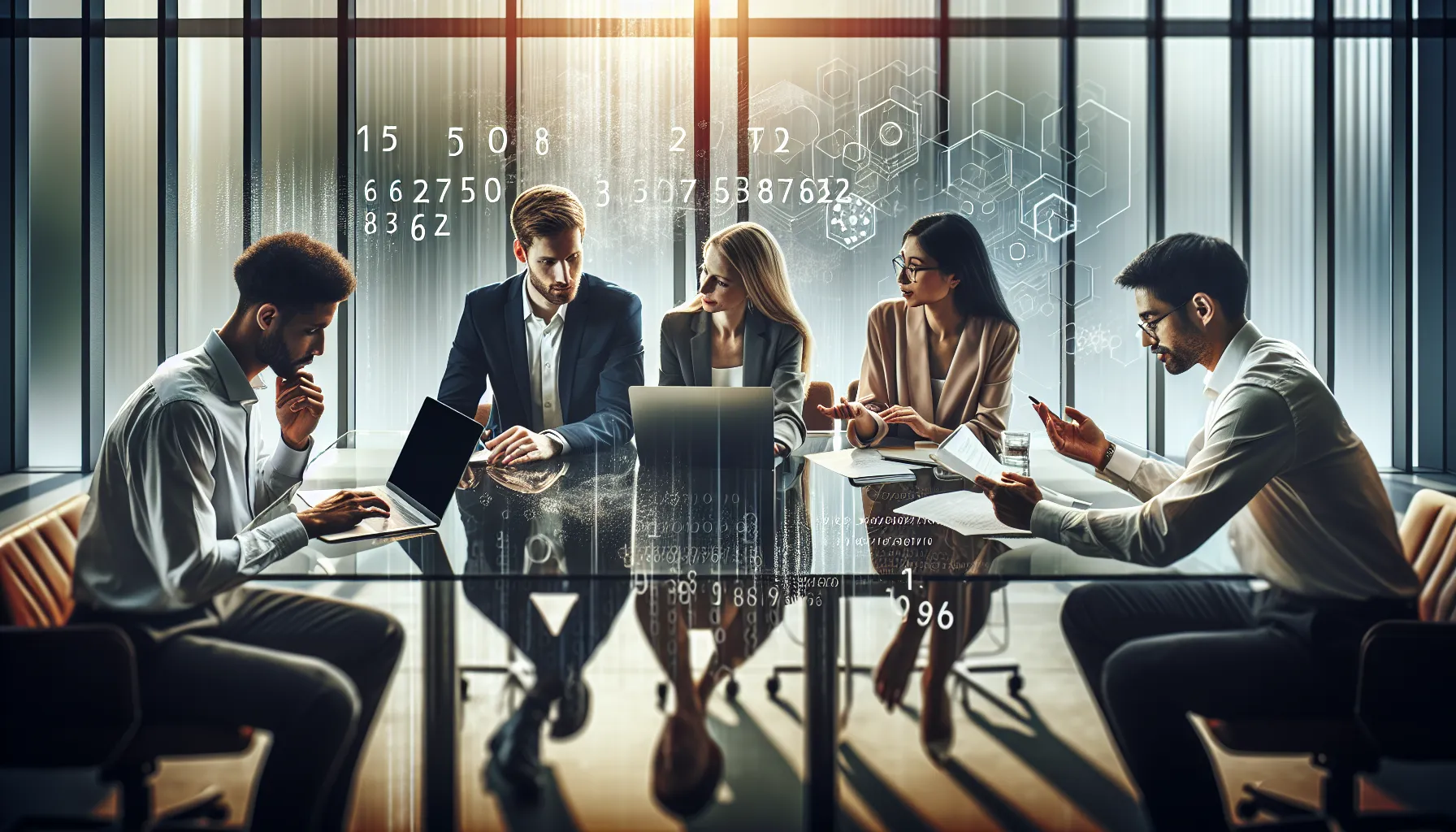 diverse professionals discussing alphanumeric sequences in a modern office.