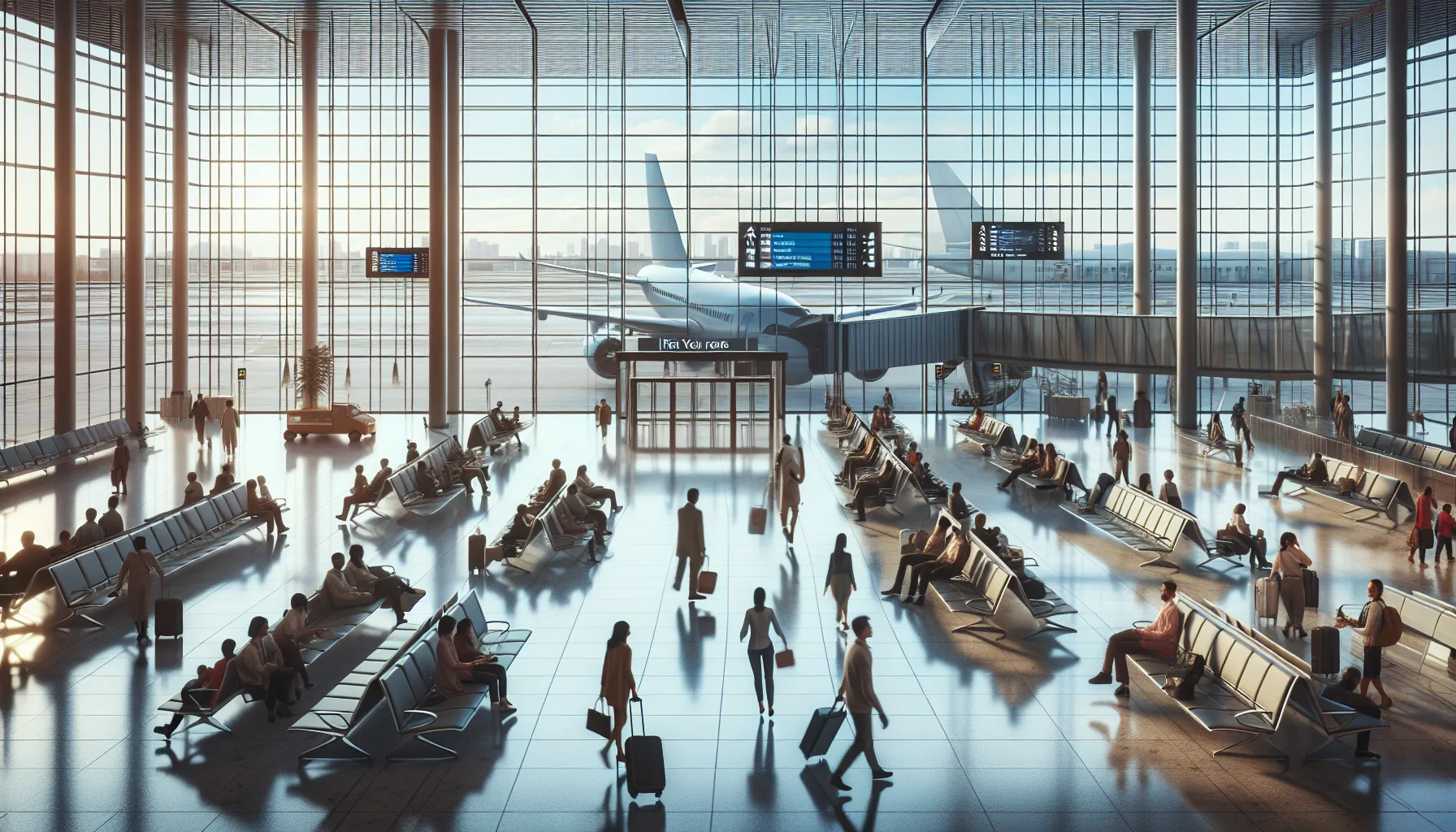 Travelers at an airport terminal with seating and boarding gates in view.