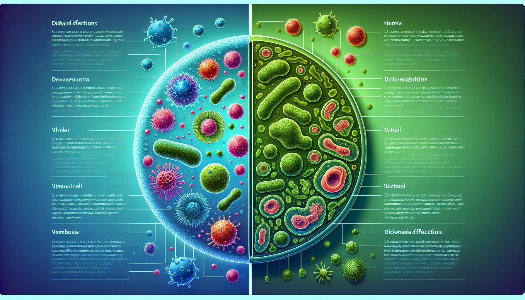 Illustration comparing viral particles and bacteria on a conceptual level.