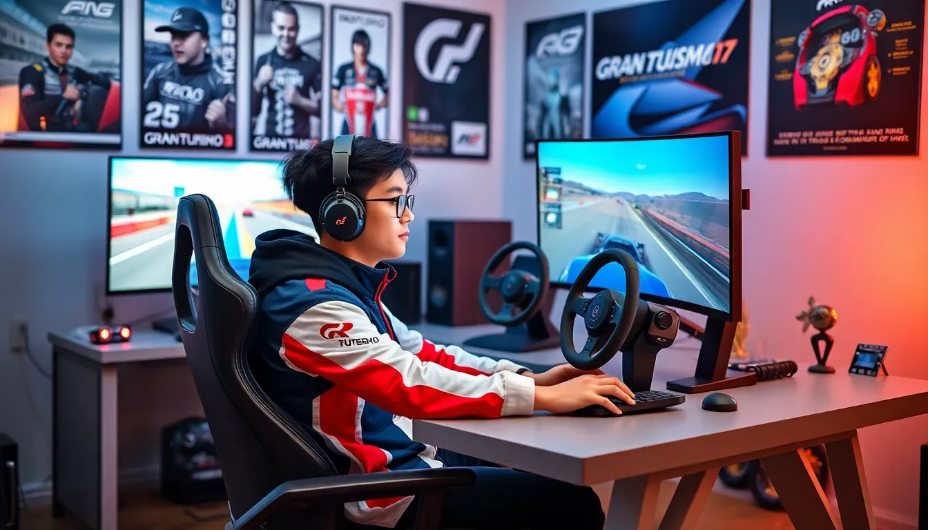 young man in a modern gaming setup focused on racing simulation.