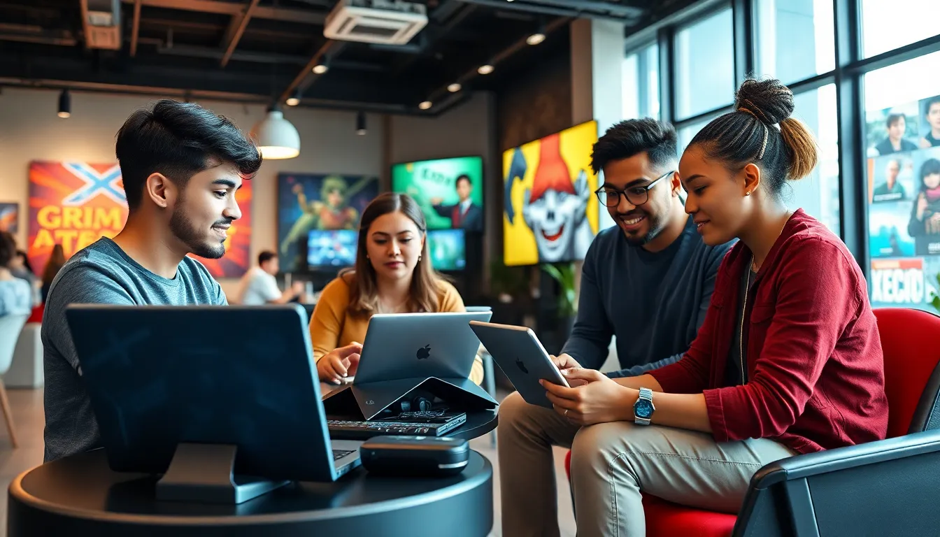 diverse gamers collaborating in a modern gaming studio.