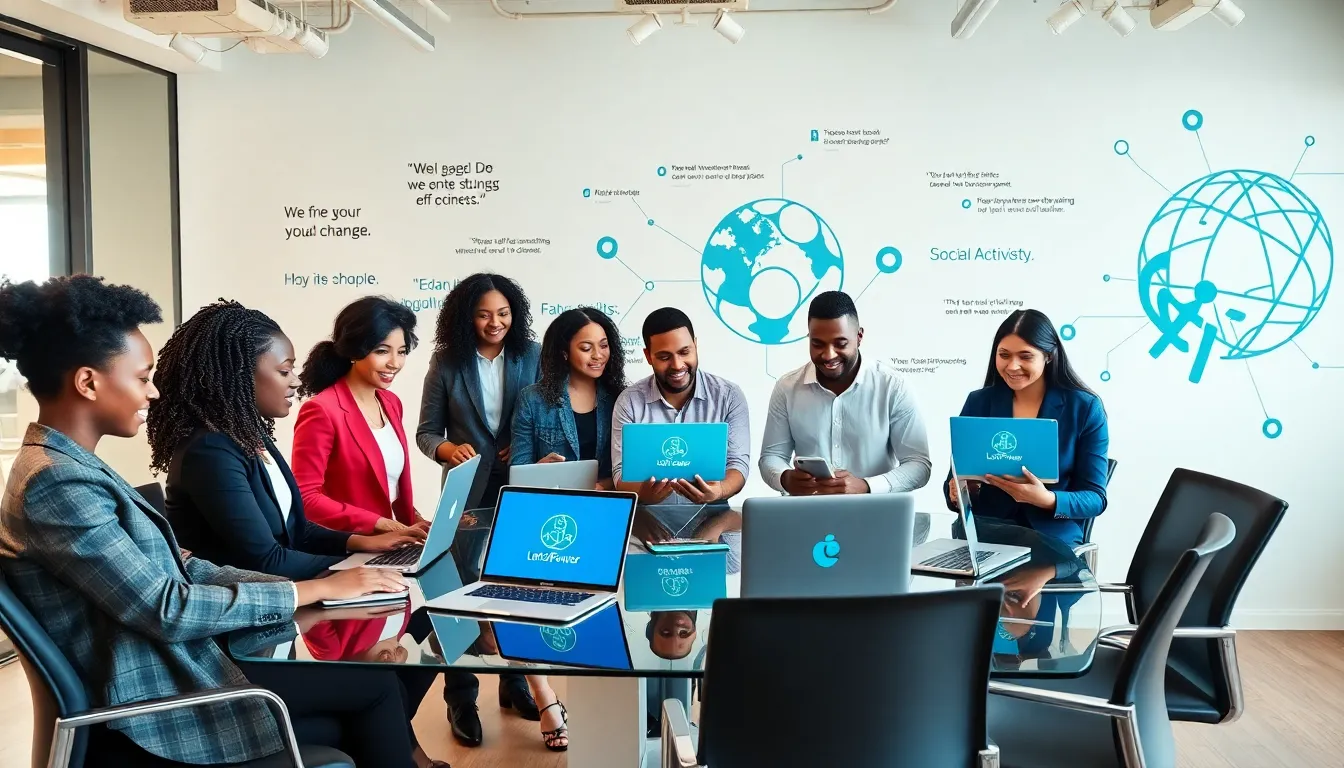 diverse team collaborating in a modern office for social change initiatives.