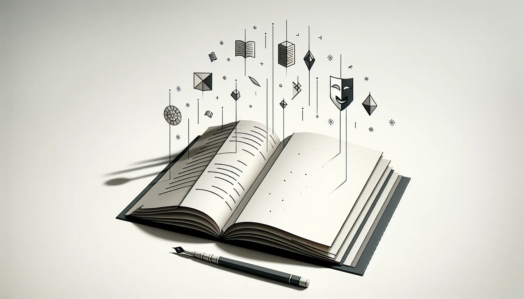 An open book with a pen and floating literary symbols in minimal style.