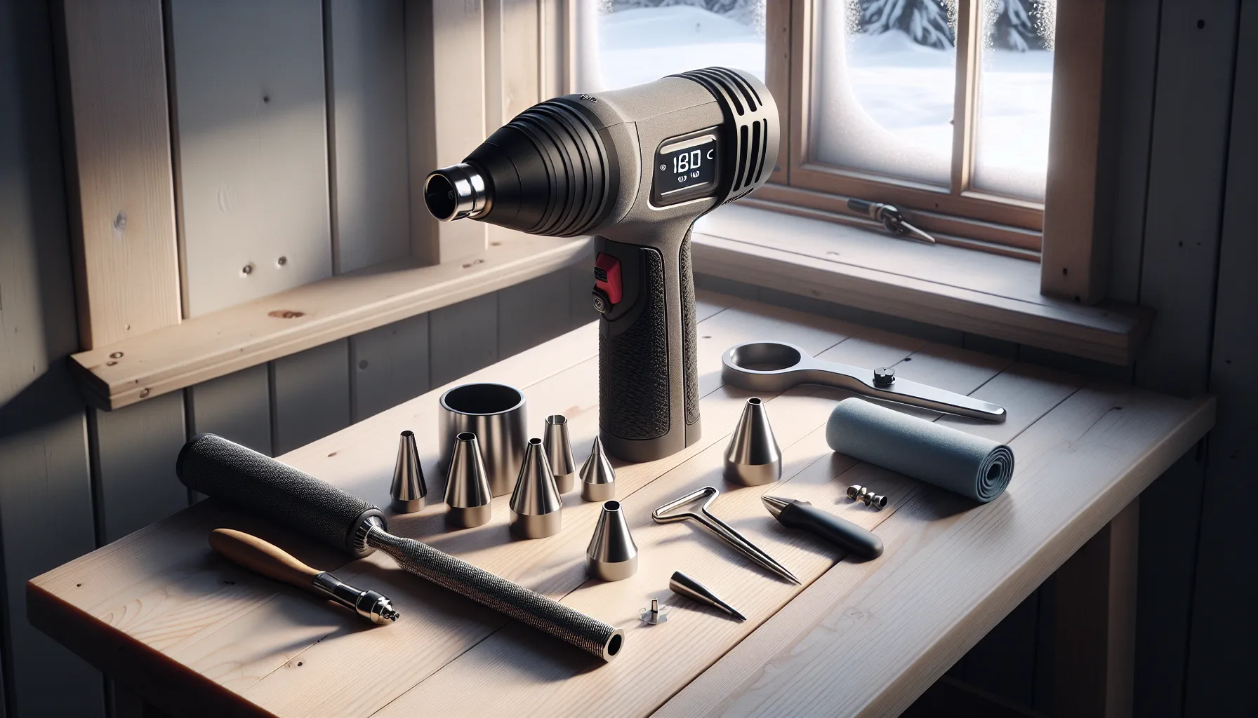 Hvordan bruke en varmepistol for ulike prosjekter 3 Heat gun with nozzles and accessories on a nordic workshop bench.