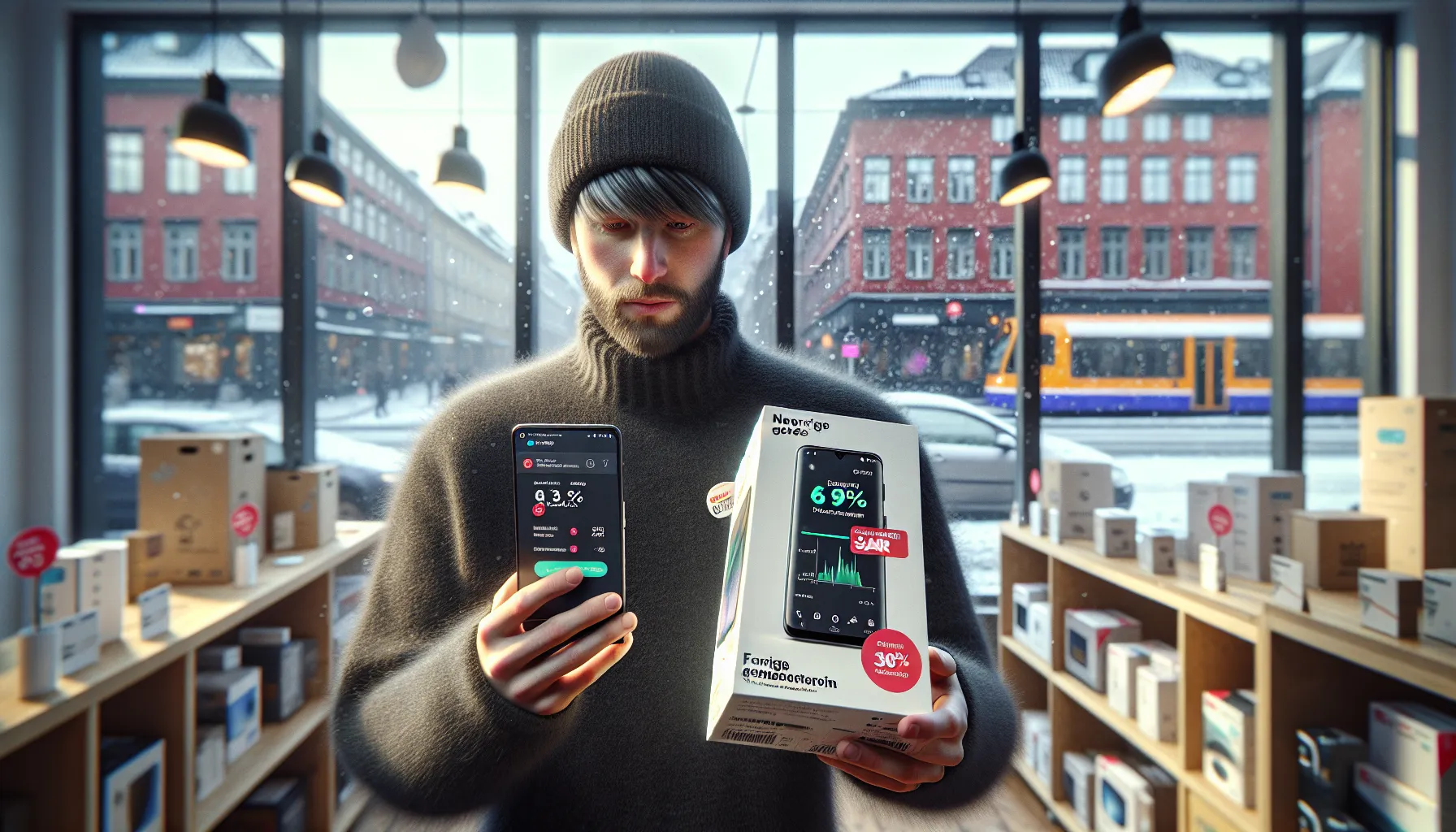 Norwegian shopper compares tech prices and features, choosing last year’s discounted phone.