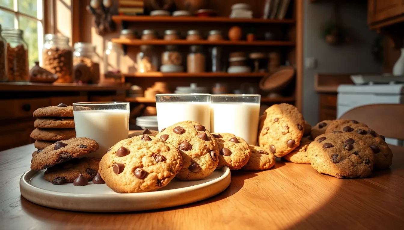 A cozy kitchen with an assortment of freshly baked cookies on a wooden table.