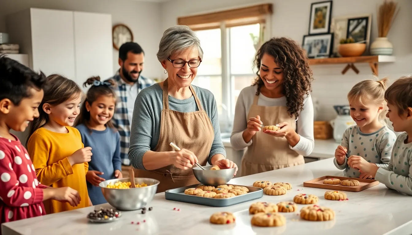 a diverse group baking cookies in a warm kitchen setting.