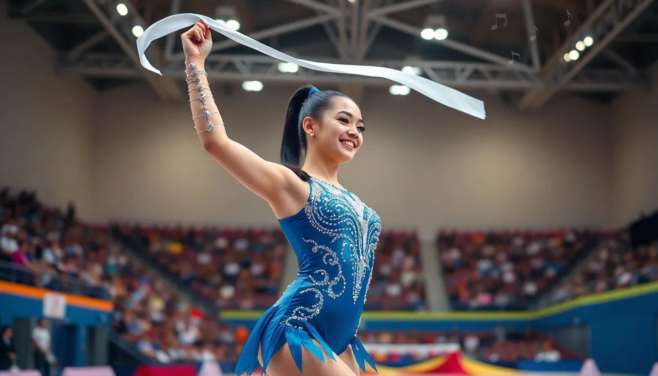 a rhythmic gymnast performing with a ribbon in a colorful gymnasium.