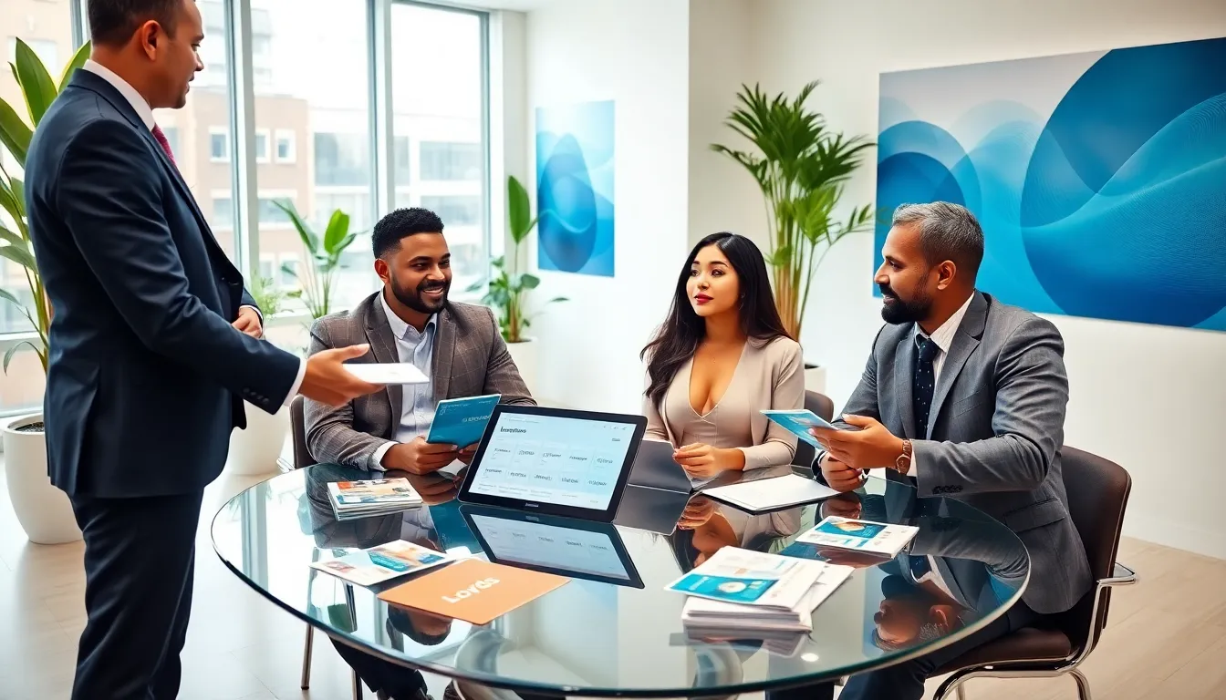 diverse team discussing Lloyds saving accounts in a modern bank office.