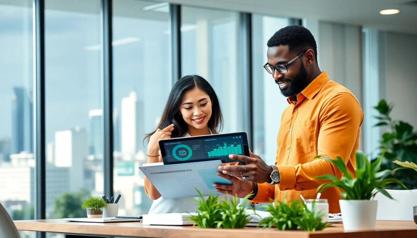 professionals collaborating on renewable energy solutions in a modern office.