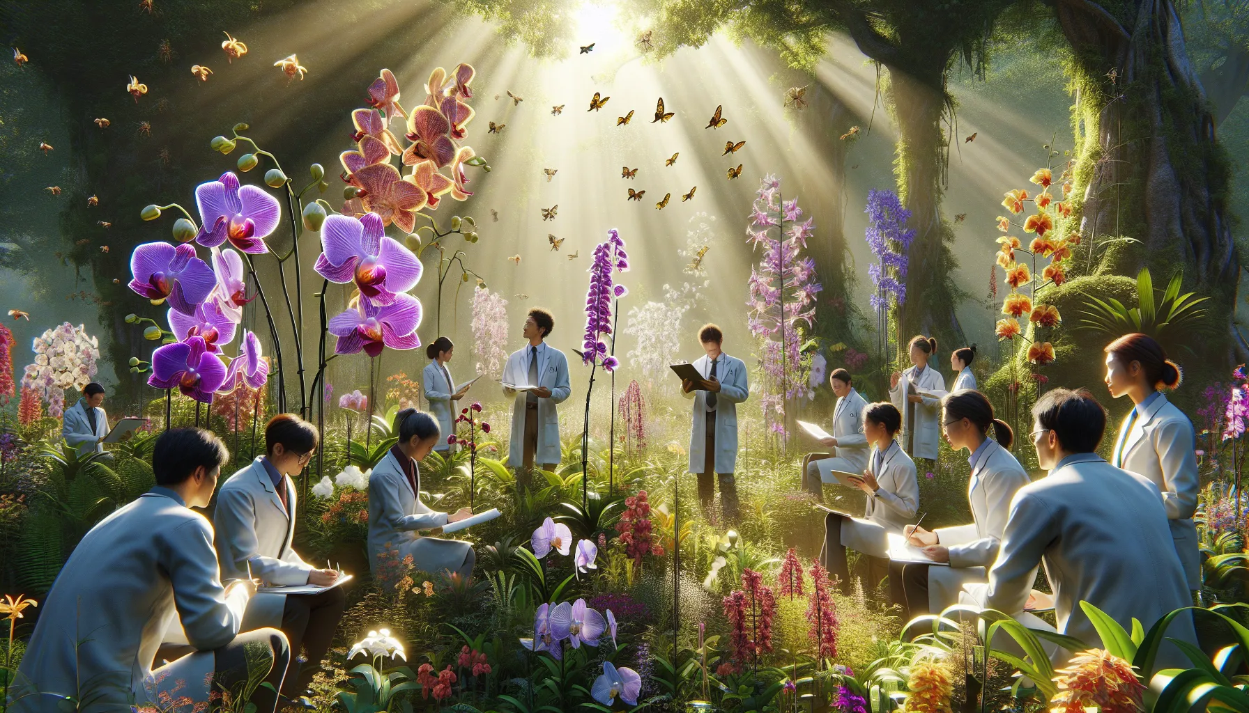 diverse professionals discussing orchids in a vibrant garden.