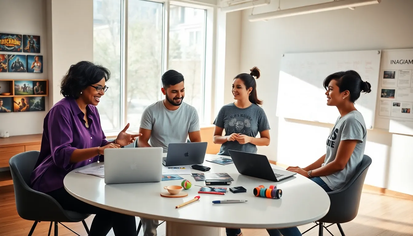 a diverse team brainstorming in a modern office for Imagineer Games.