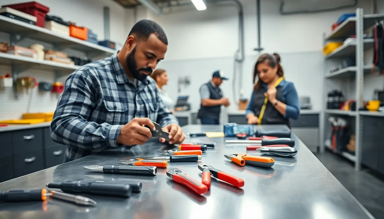 electricians using essential hand tools in a modern workshop.