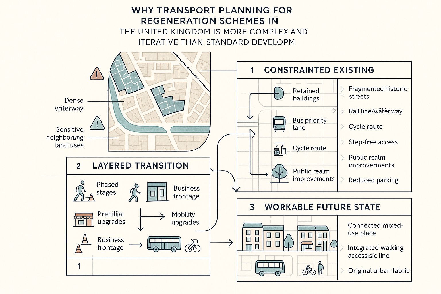 Infographic showing transport challenges and phased improvements in UK regeneration schemes.