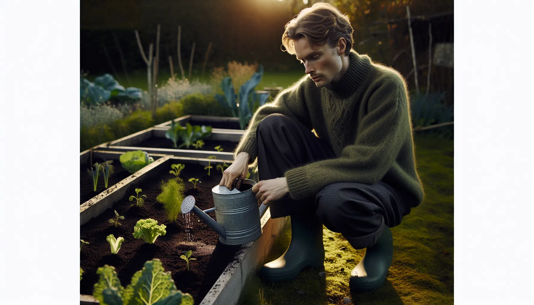 Hvordan kombinere hagearbeid og mindfulness for stressreduksjon 3 Person mindfully gardening in a norwegian backyard, hands in soil under drifting clouds.