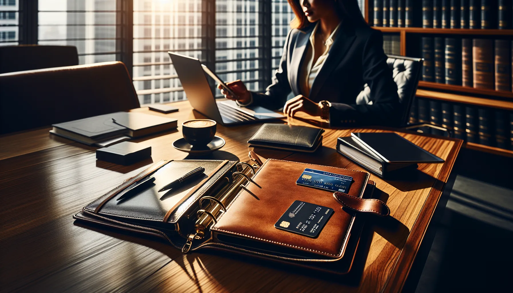 An organized office desk with a charge and a credit card beside a planner.