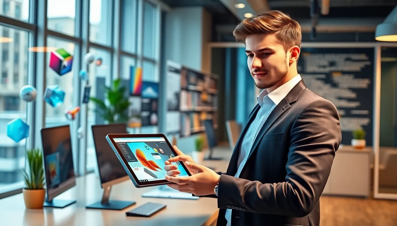A modern professional examining a digital tablet in a vibrant office.