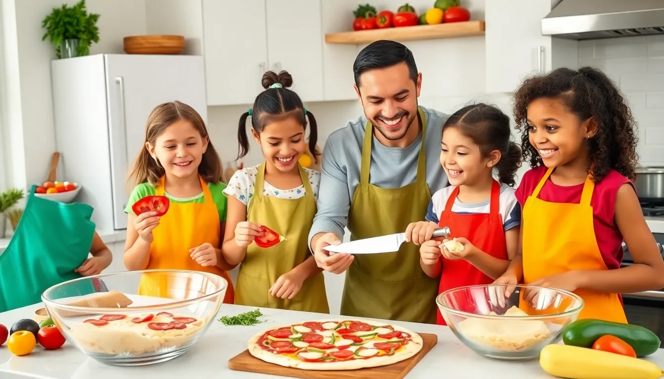 children and adults cooking together in a bright kitchen.