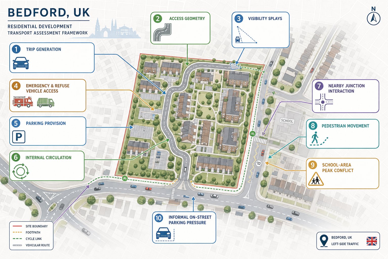 Infographic of traffic planning checks for a residential development site in Bedford.