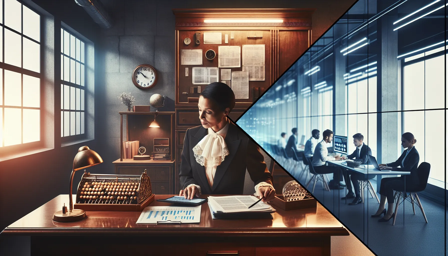 A split image of Equifax and TransUnion offices, depicting tradition versus innovation.