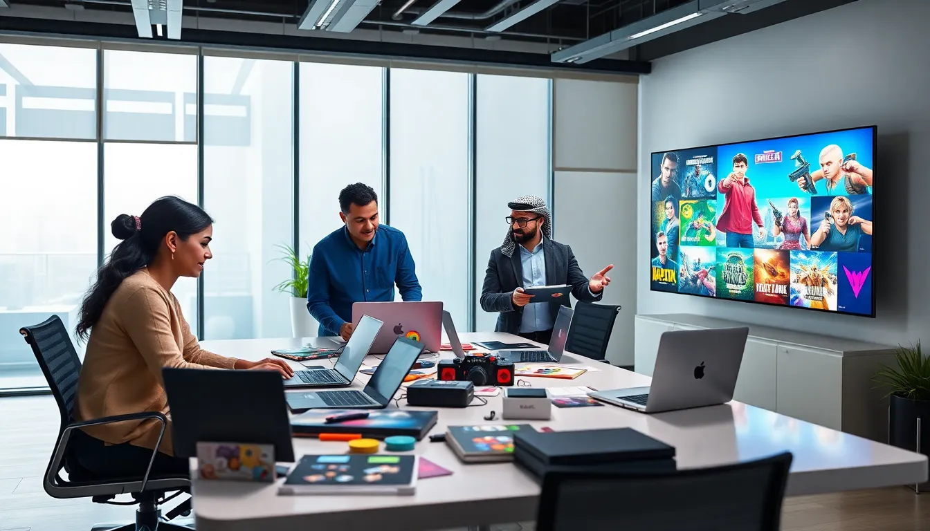 diverse team collaborating in a modern office for Imagineer Games.