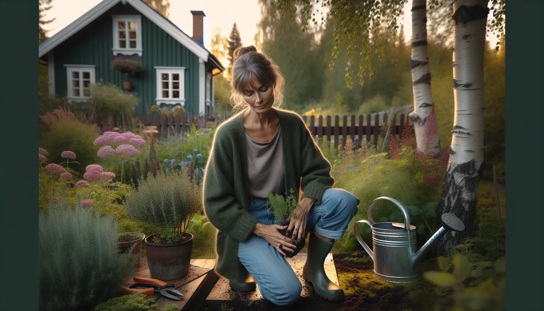 Hvordan kombinere hagearbeid og mindfulness for stressreduksjon 2 Woman mindfully gardening in a peaceful norwegian backyard at soft evening light.