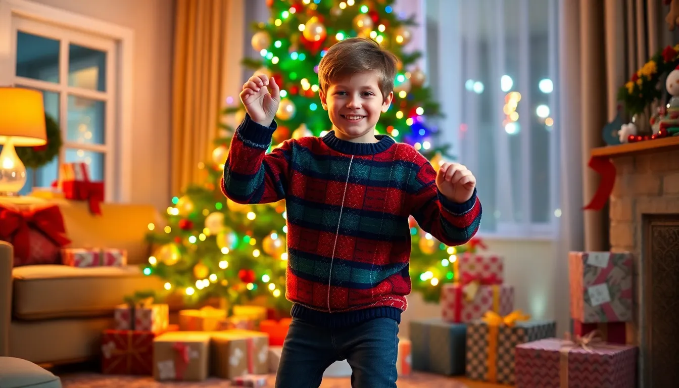 a joyful boy dancing around a Christmas tree in a festive living room.