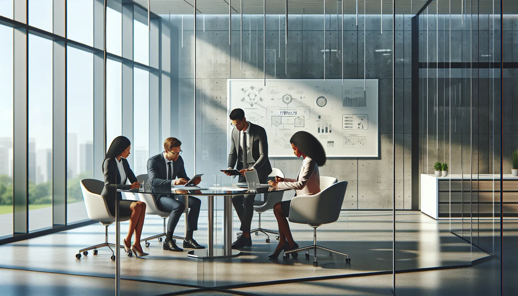 diverse professionals discussing in a modern conference room.