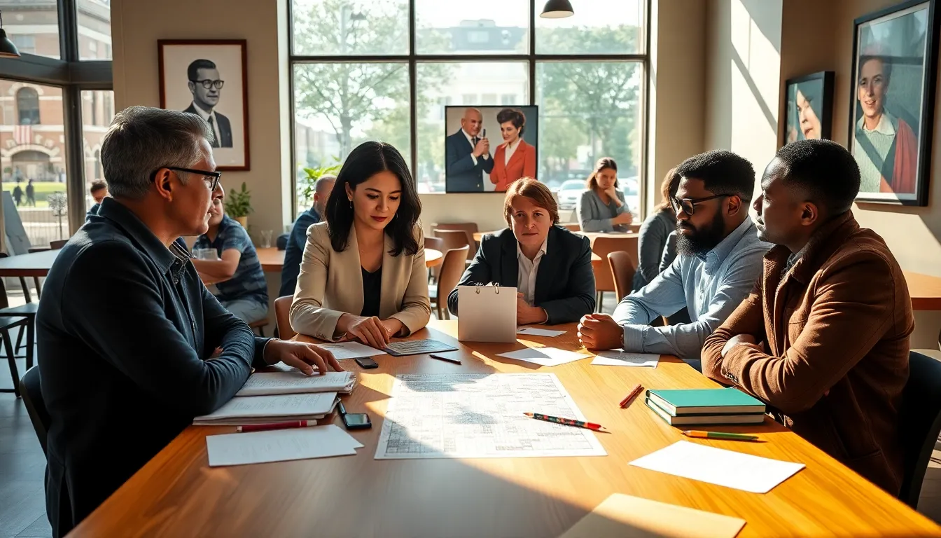group discussing crossword puzzles in a modern coffee shop.