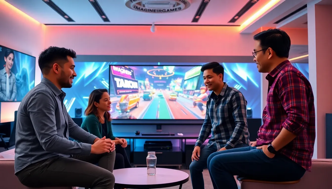 team collaborating in a modern gaming studio setting.