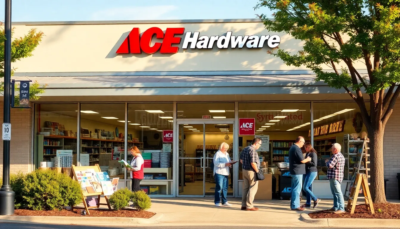 Ace Hardware store in Ahoskie, NC, with customers shopping outside.