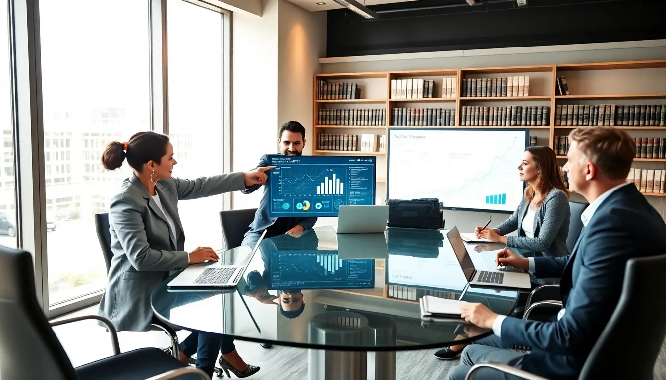 diverse legal team discussing artificial intelligence in a modern law office.