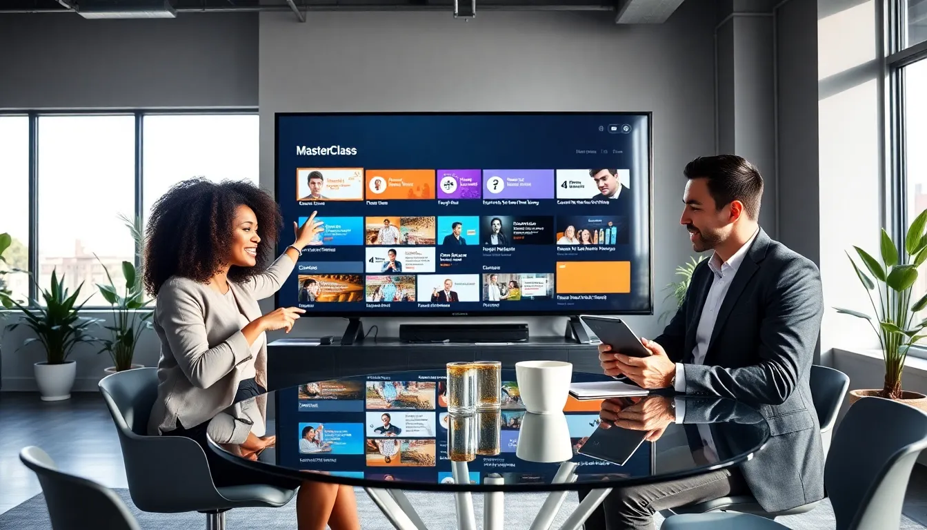 diverse team discussing MasterClass course options in a modern office.