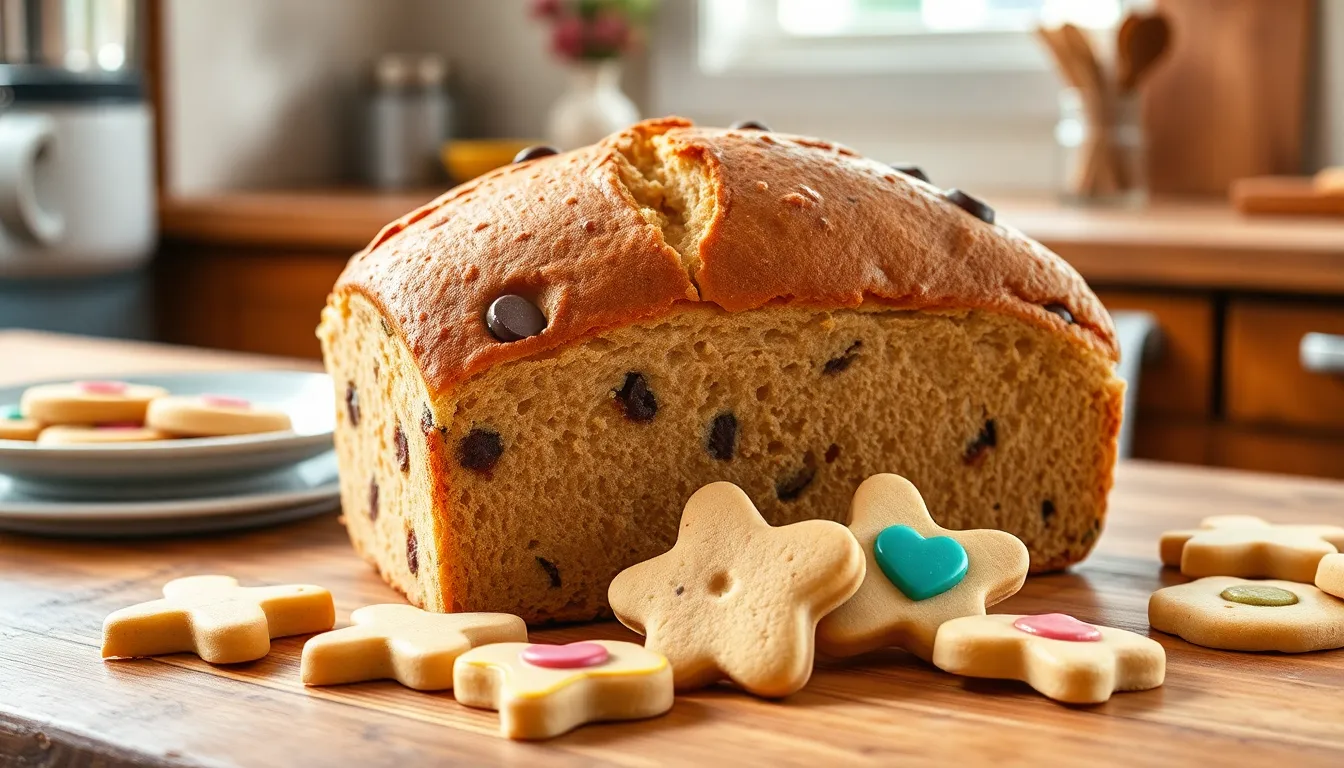 A freshly baked Cookiesforlove bread with cookie shapes on a wooden counter.