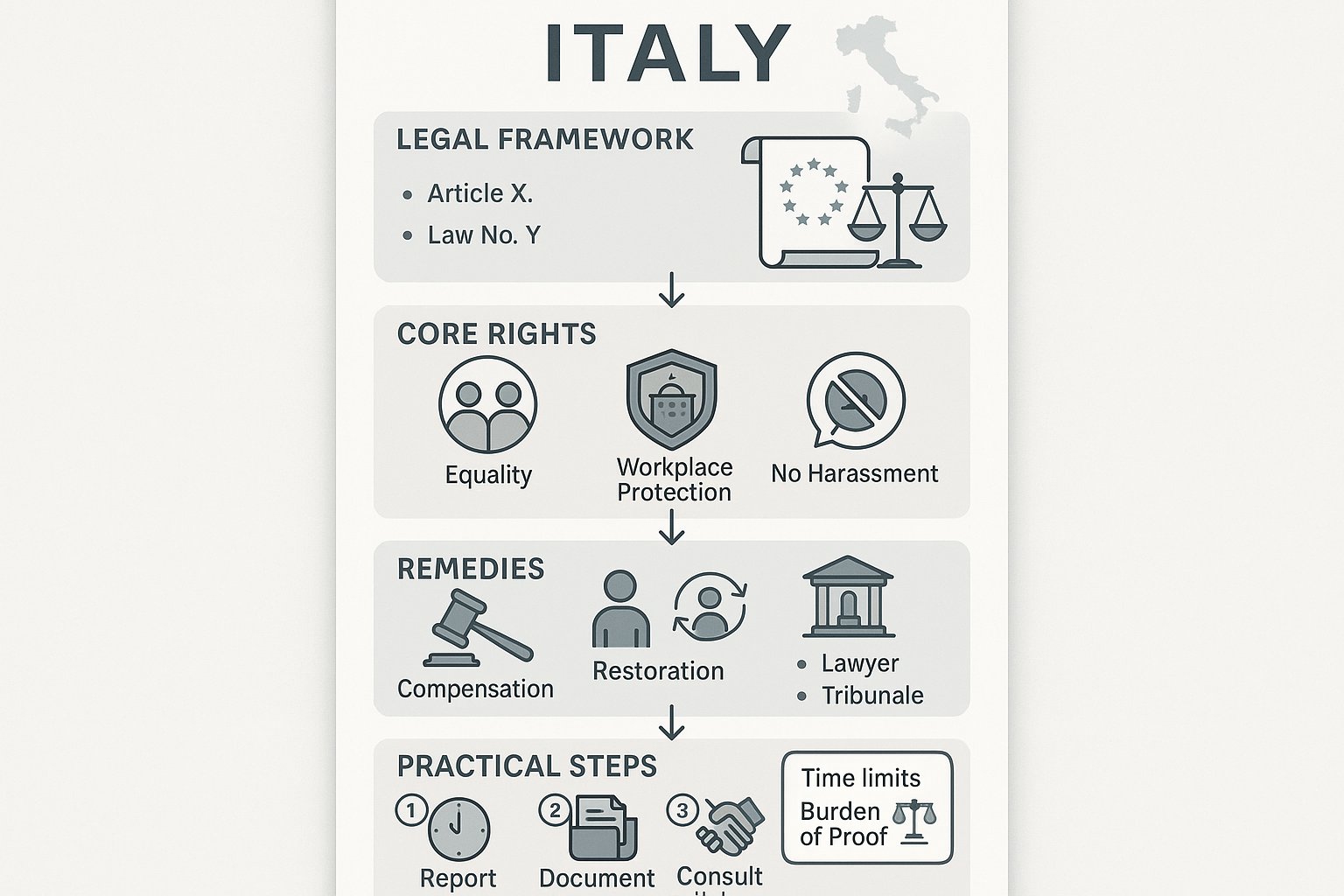 Infografica dei diritti dei lavoratori e passaggi contro la discriminazione sul lavoro in Italia.