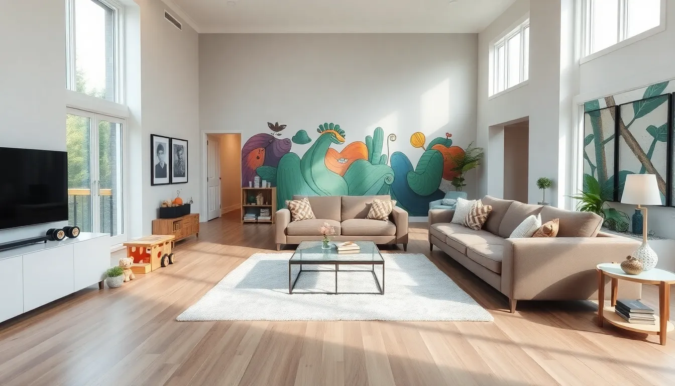 spacious living room designed for family use and creative expression.
