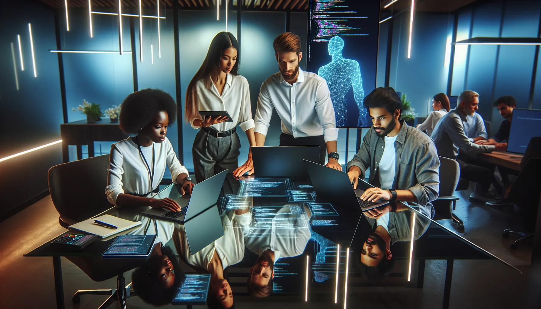 diverse developers collaborating in a modern tech workspace.