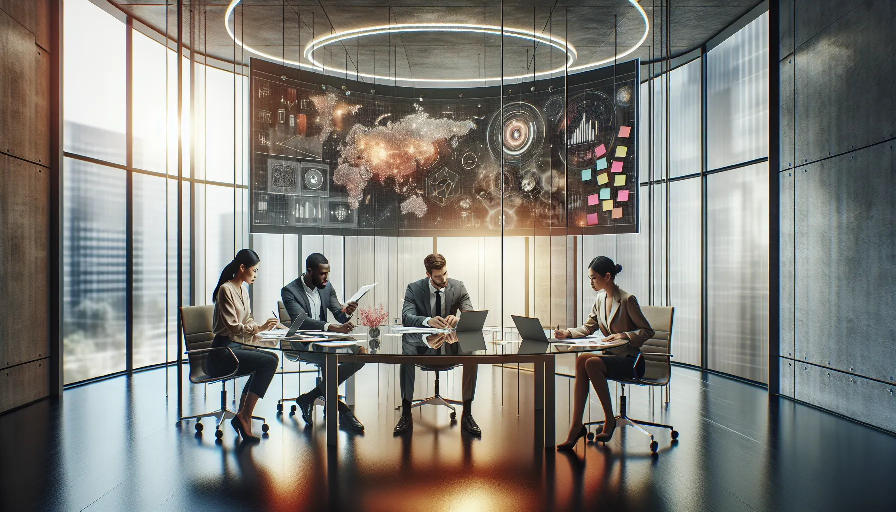 diverse team brainstorming in a modern conference room.