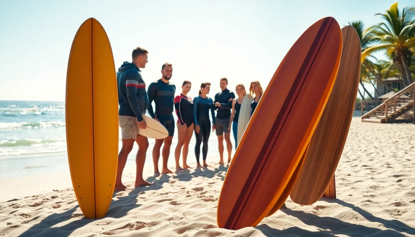 modern surfboard with surfers discussing techniques on a beach.
