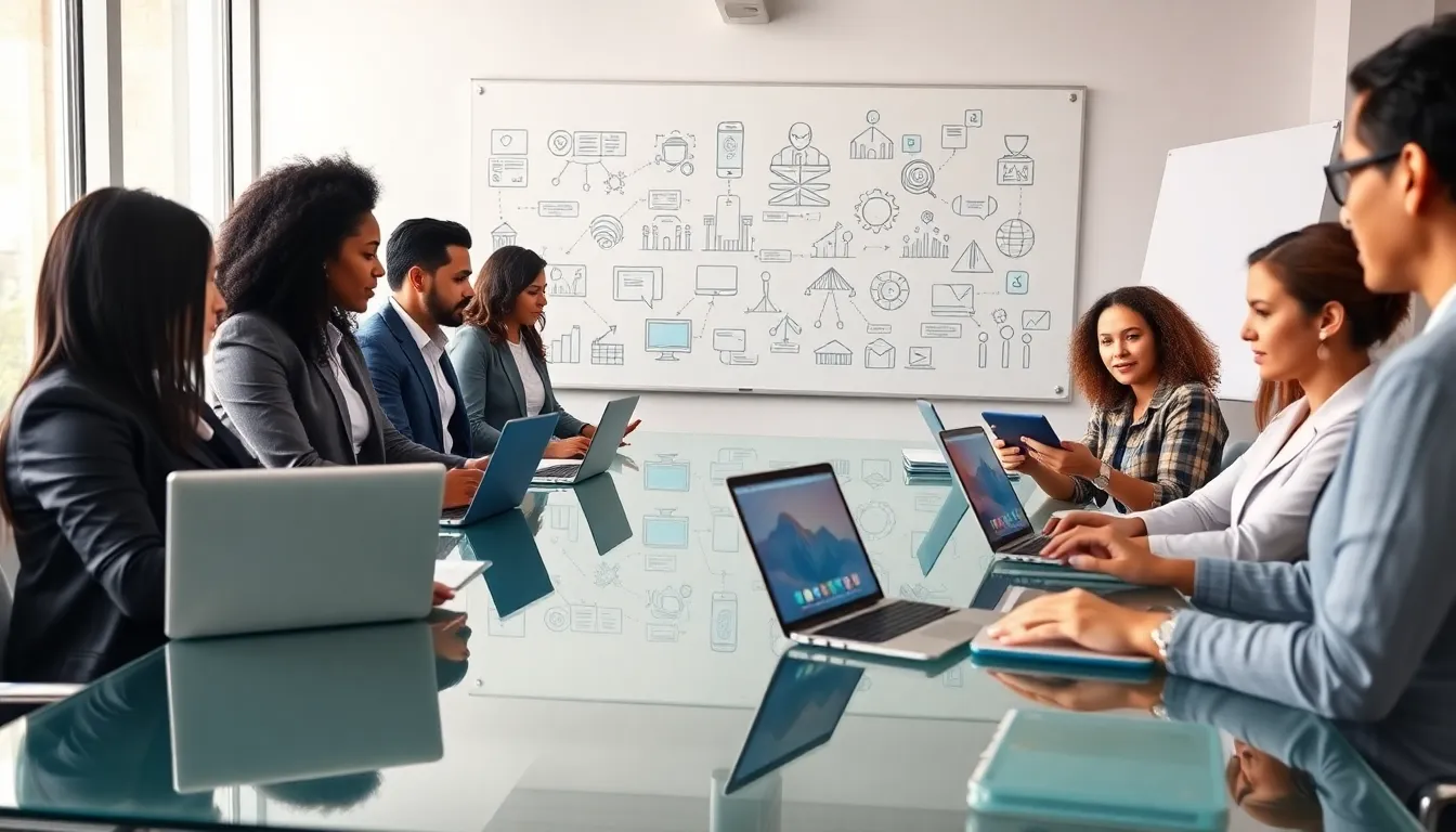 diverse professionals collaborating on social media literacy in an office.