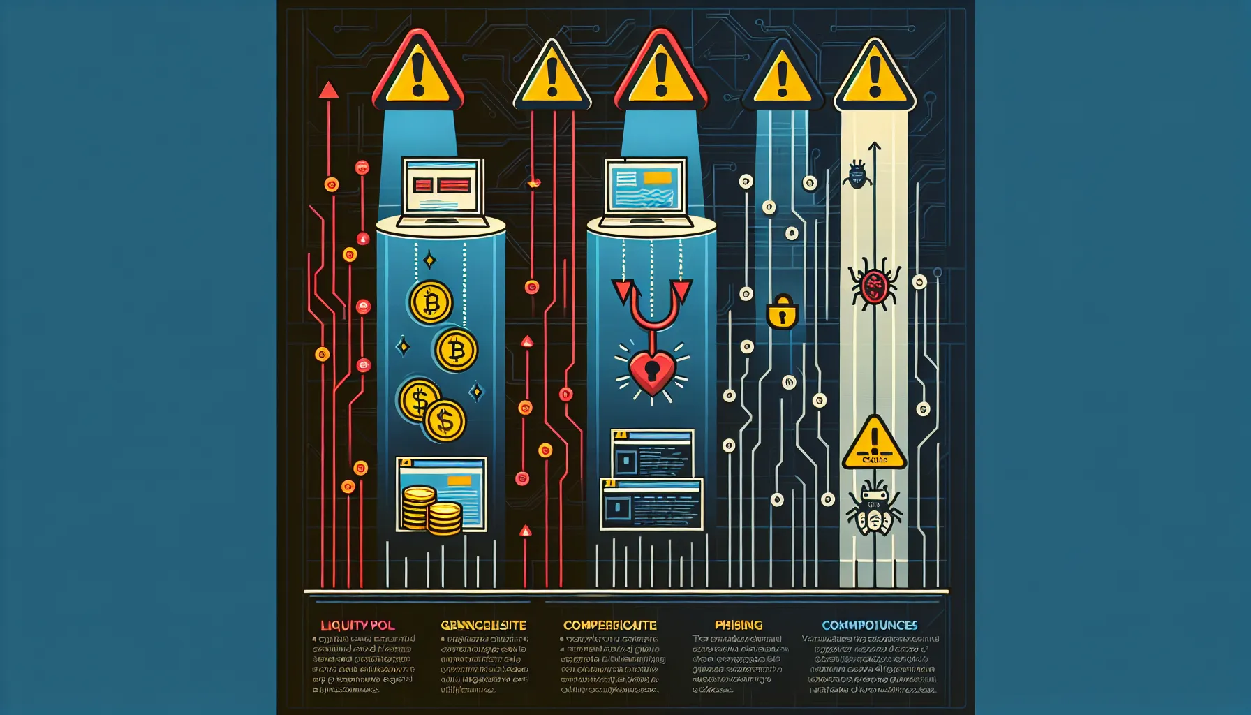 Vertical infographic showing three common DeFi scams: rug pulls, phishing attacks, and smart contract exploits.