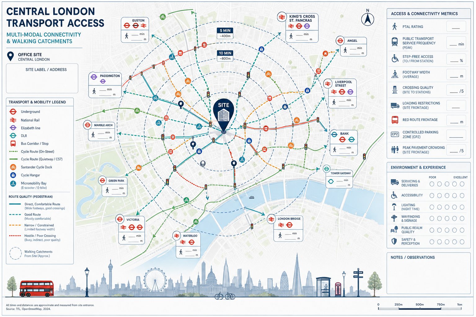 Central London office transport access map with walking, cycling, and public transport links.