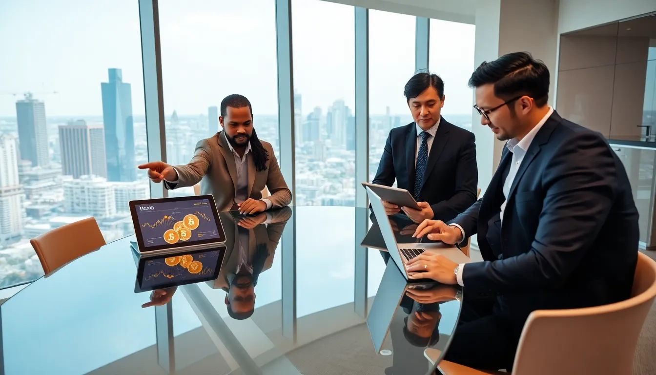 diverse group discussing Bitcoin in a modern office setting.
