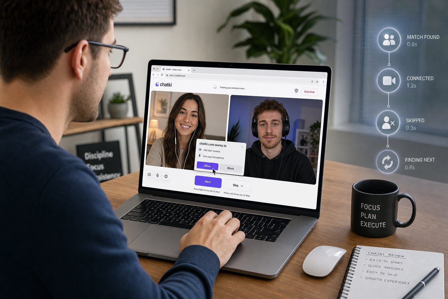 Professional enabling camera and mic to start Chatki video matching in browser.