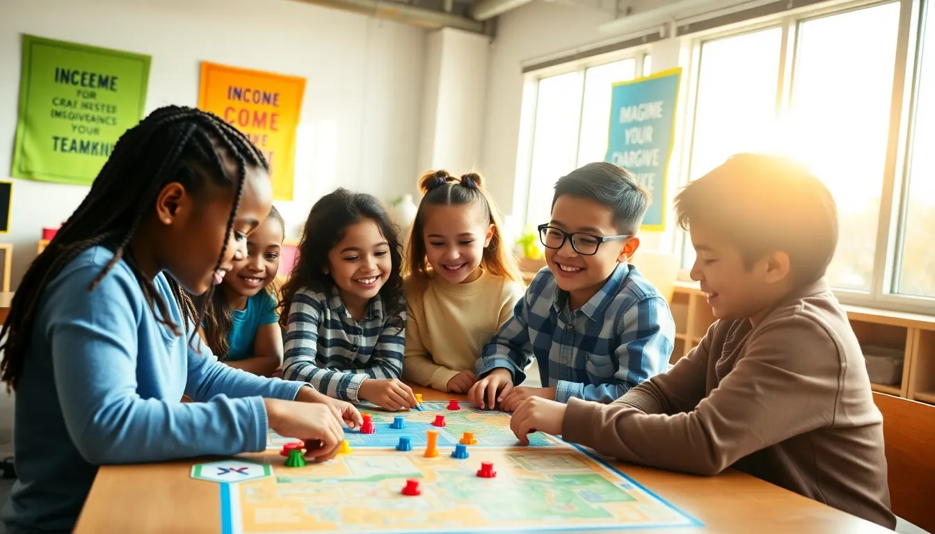 diverse children collaborating in a bright classroom while playing an educational game.